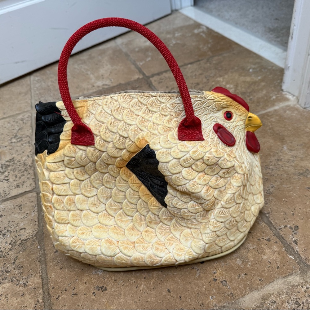Whimsical Chicken-Shaped Tote Bag with Red Accents
